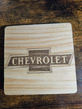 Chevy wood coaster w/no scratch feet