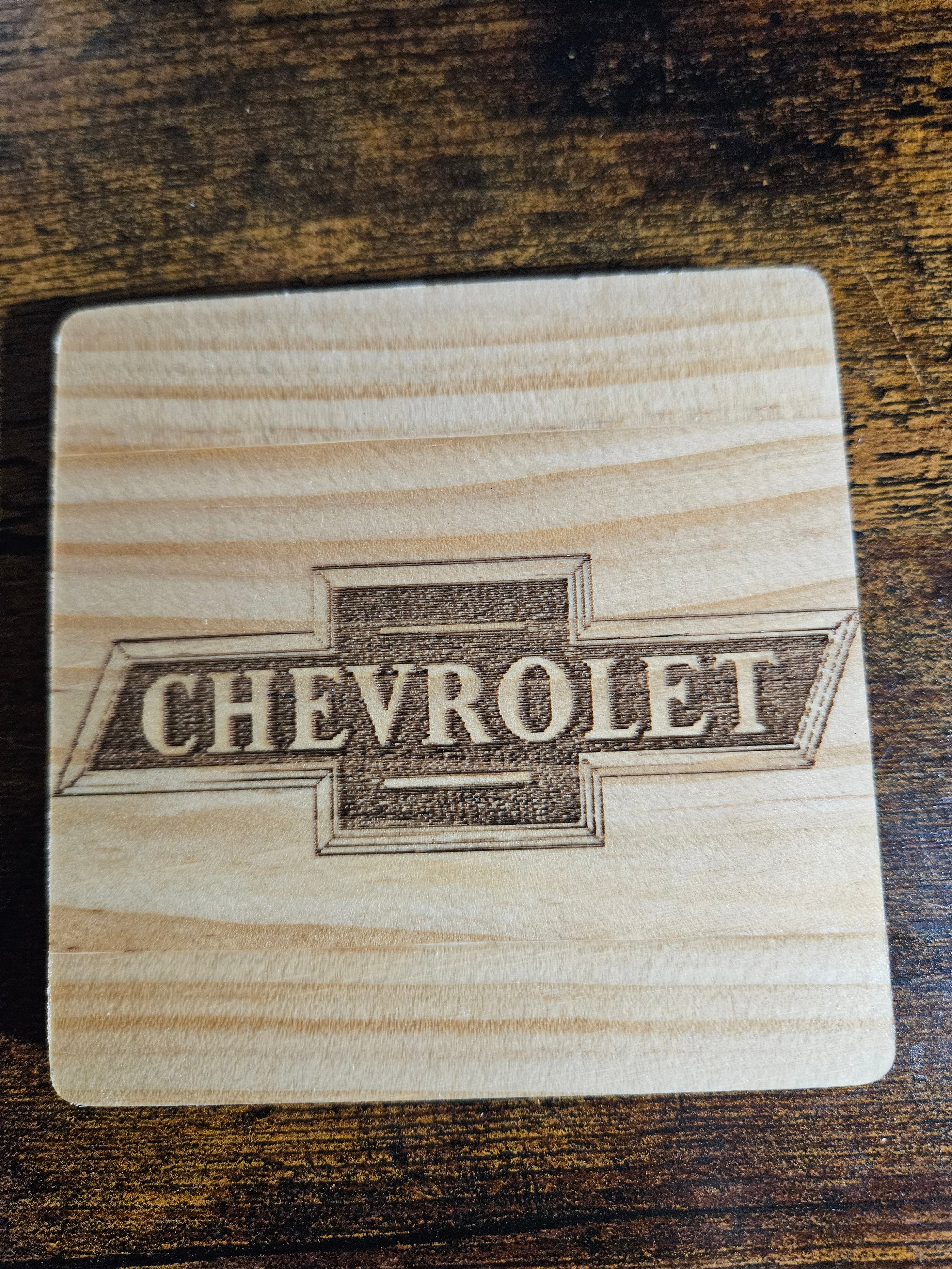 Chevy wood coaster w/no scratch feet
